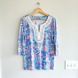 Talbots Blue Pink Floral Tunic with White Crochet Trim